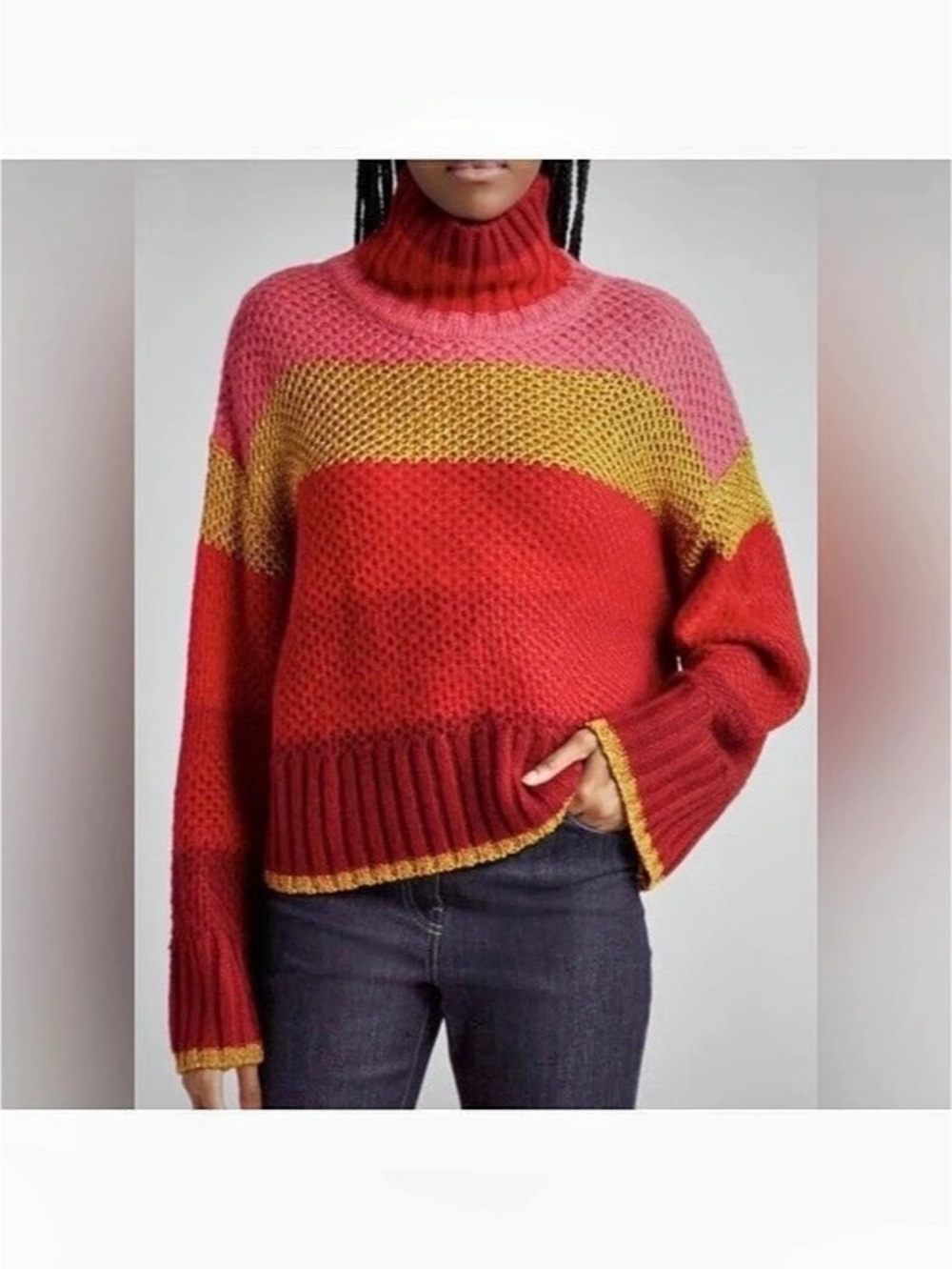 FARM Rio Shiny Stripes Colorblock Turtleneck Sweater M Red Pink Metallic Gold